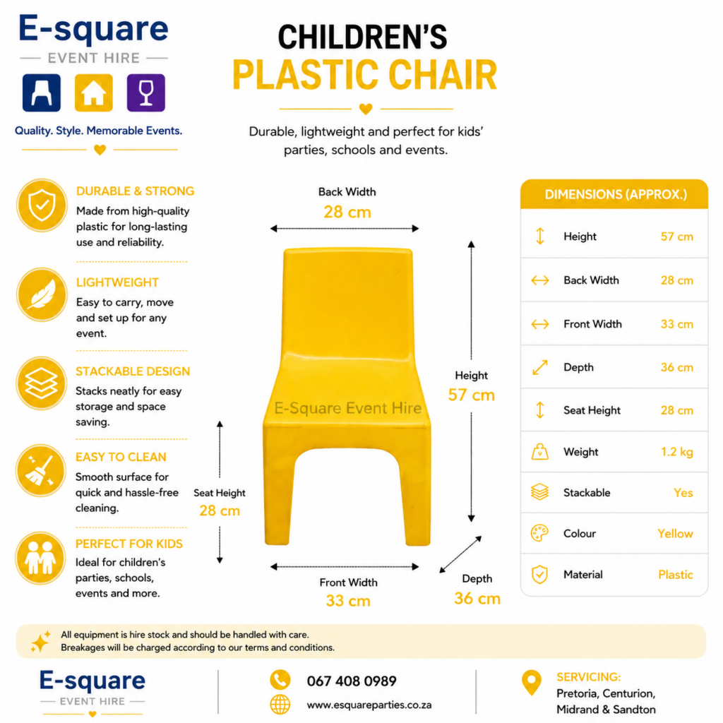Kids Chair Yellow (Hire) - E-Square Party Hire